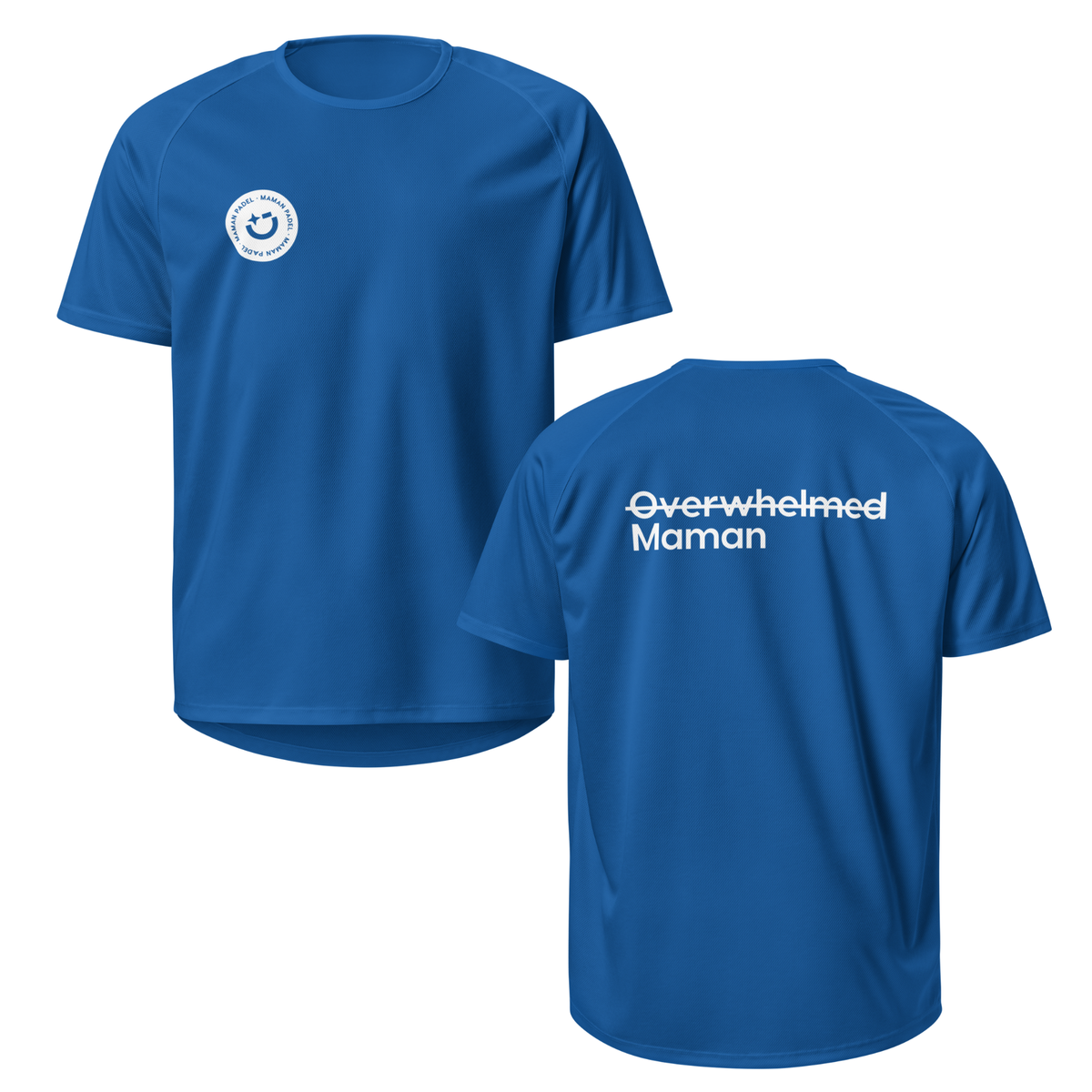 Blue short-sleeve athletic t-shirt shown from both front and back. The front features a small white circular logo on the left chest, and the back displays the text 'Overwhelmed Maman' in white.