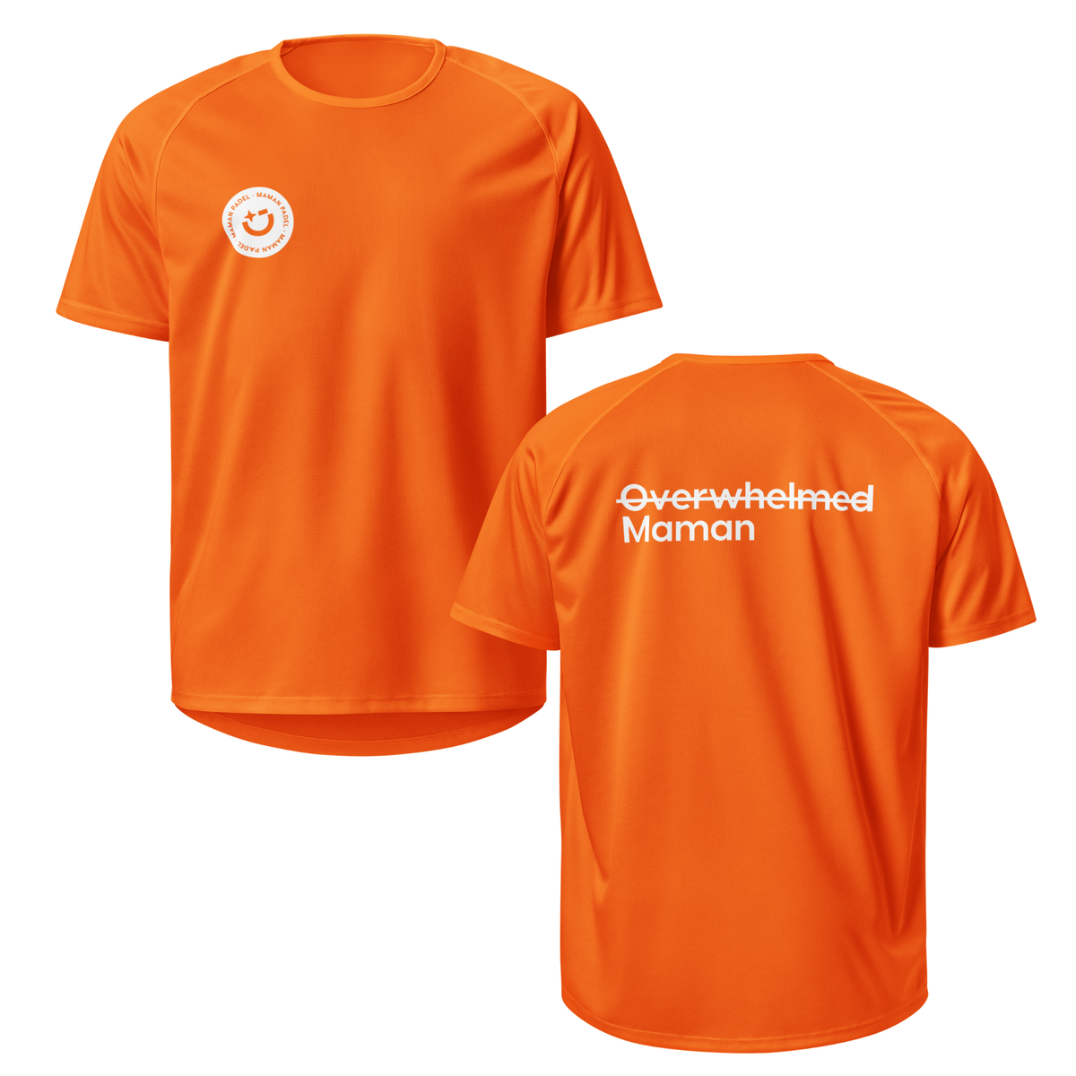 Bright orange short-sleeve athletic t-shirt shown from both front and back. The front features a small white circular logo on the left chest, and the back displays the text 'Overwhelmed Maman' in white.