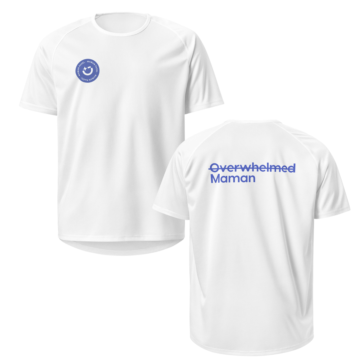 White short-sleeve crewneck t-shirt shown from both front and back. The front features a small blue circular smiley face logo on the left chest, and the back features the text 'Overwhelmed Maman' in blue across the upper back.
