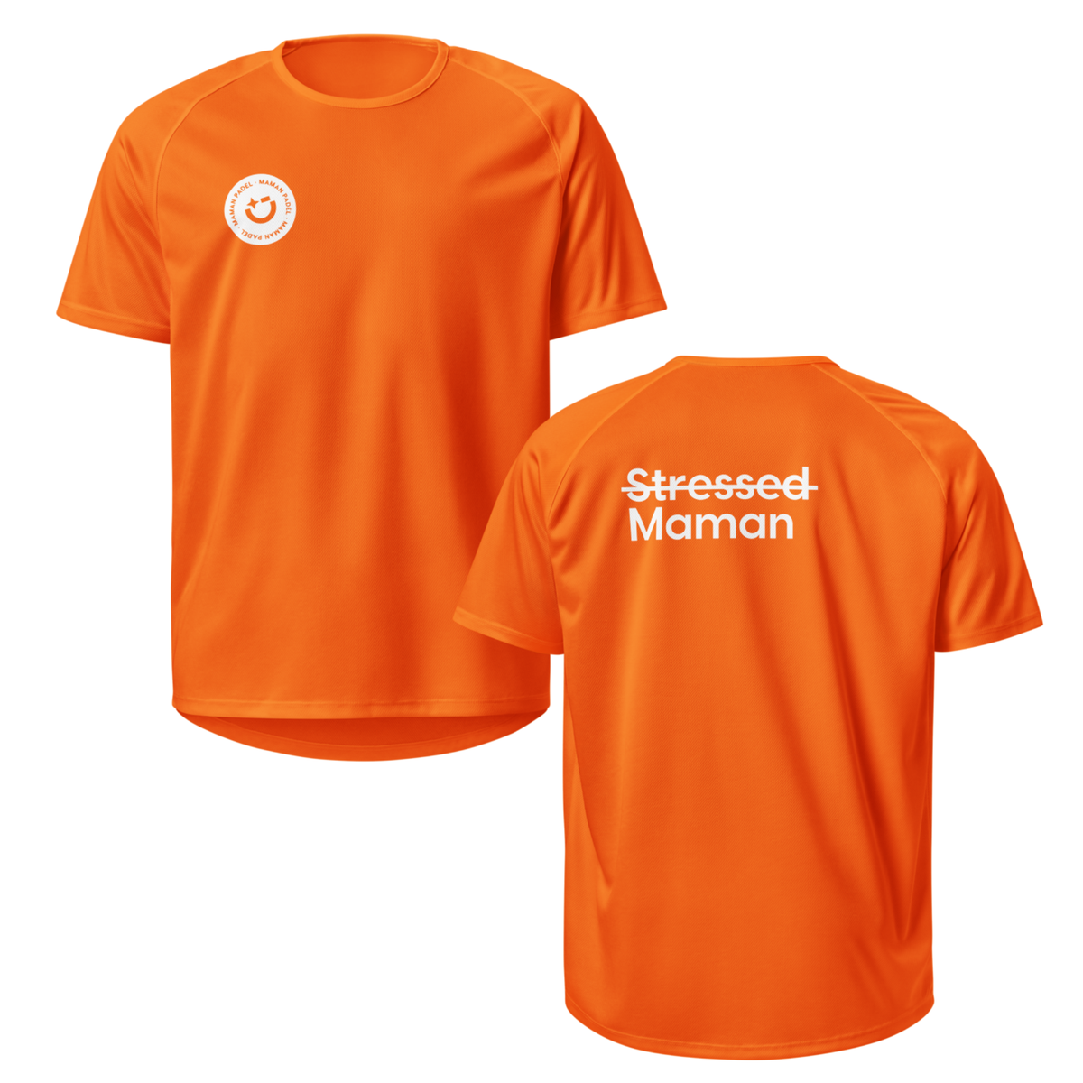 Bright orange short-sleeve athletic t-shirt shown from both front and back. The front features a small circular white logo on the left chest, and the back displays the text 'Stressed Maman' in white.