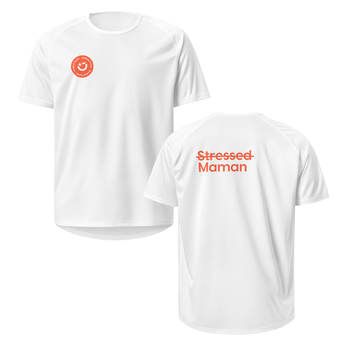 White short-sleeve athletic t-shirt shown from both front and back. The front features a small orange smiley face logo on the left chest, and the back features the text 'Stressed Maman' in orange.